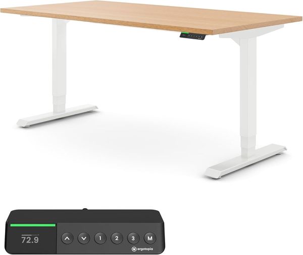 Ergotopia Desktopia Pro X I Elektrisch höhenverstellbarer Schreibtisch I 160x80 cm I Buche-Echtholz I Gestell Weiß I Ziele- und Motivationsfunktion