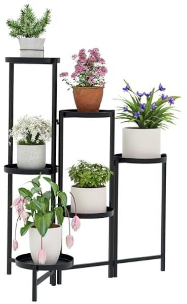 Outsunny Pflanzentreppe mit Tabletten, klappbar, für Innen, aus Metall, mehrstöckig, 80cm hoch (6-Etagen Pflanzenständer, 1 St, Blumenständer), für Wohnzimmer, Garten Balkon Deko, Schwarz