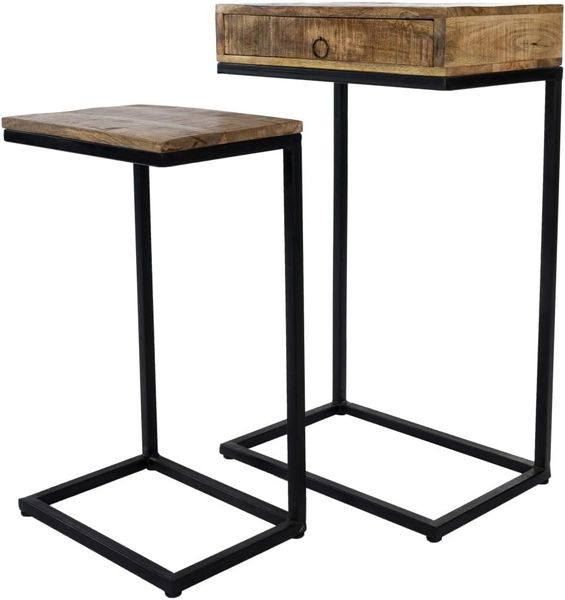 Beistelltisch Shirin 2er Set Holz Natur mit Schublade und Metallgestell Schwarz