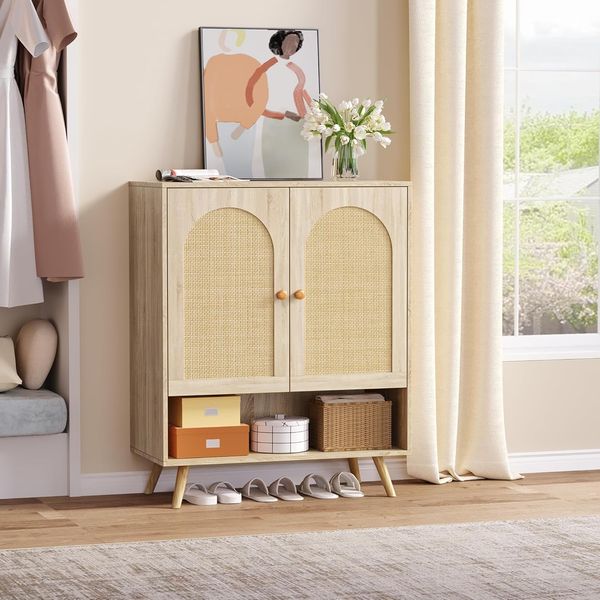 GarveeHome Schuhschrank Mit Magnetischen Rattantüren, 4-Stöckiger Schrank Mit 1 Halboffenen Ablagefach, Flurschrank Mit Verstellbaren Einlegeböden, Für Flur Und Wohnzimmer, 81,5 x 40 x 100 cm