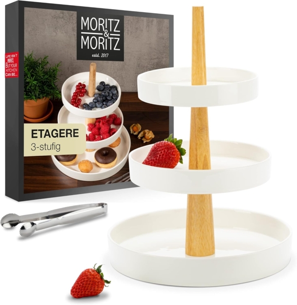 Moritz & Moritz Etagere Moritz & Moritz Etagere rund 3-Stufig weiß mit Holz Stange, Porzellan, (3 Etagen, 2-tlg), Perfekt als Obstschale für Obst Aufbewahrung, Muffins und Cupcakes