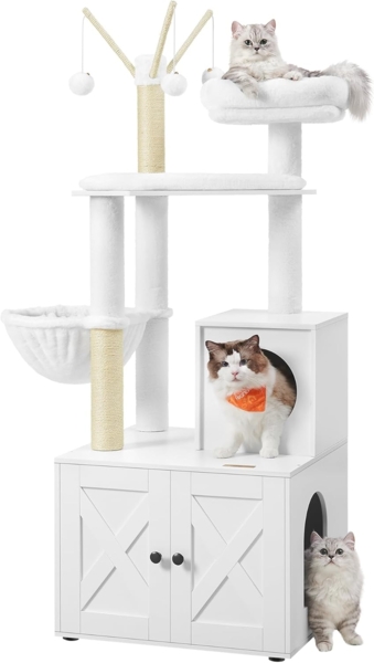 Feandrea Kratzbaum mit Katzenklo-Schrank, 151 cm hoch, 2-in-1 Katzenbaum, Schrank für Katzentoilette, mit Sisalstämmen, abnehmbaren Plüschbällen, Wolkenweiß