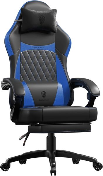 Dowinx Gaming Stuhl Racing Gamer Stuhl, Ergonomischer Gaming Sessel mit Lendenwirbelstütze, Gaming Chair PU Leder 150KG, Schwarz Blau