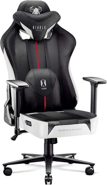 Diablo X-Player 2. 0 Gaming Stuhl Bürostuhl Gamer Chair Stoff 3D Armlehnen Ergonomisches Design Nacken/- Lendenkissen Wippfunktion Weiß-Schwarz Normal (L)