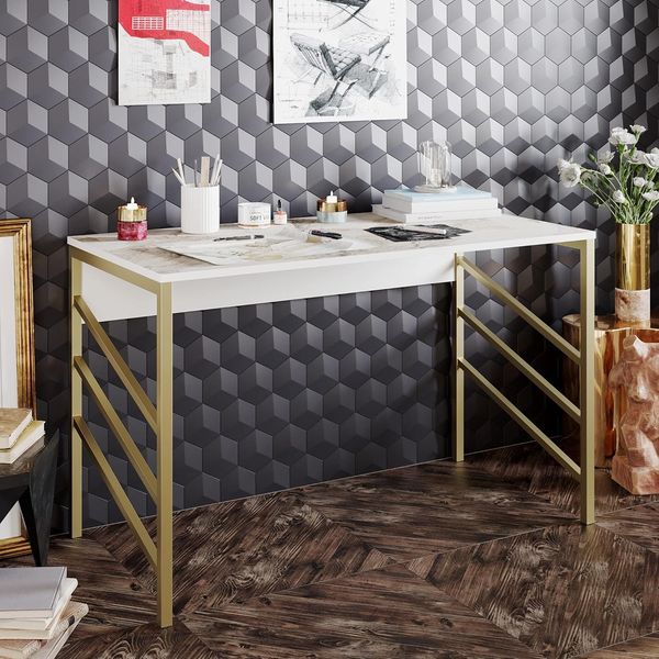 Modern Study Desk, Gold & White, 120 x 75 x 60 cm | 100% Melamine Coated Particle Board, 18 mm Thick, Sturdy Metal Legs | Glamorous Design for Home Office
