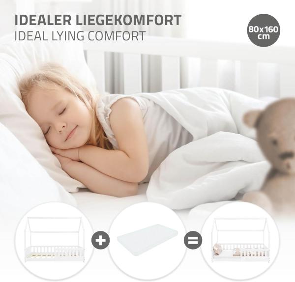 ML-DESIGN Kinderbett Hausbett Spielbett inkl. Lattenrost kreativ Bodenbett für Kinder, Abenteuerbett mit Rausfallschutz Spielbett Kiefer Weiß Himmelbett Bild 5