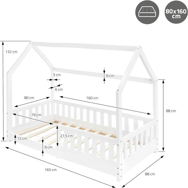 ML-DESIGN Kinderbett Hausbett Spielbett inkl. Lattenrost kreativ Bodenbett für Kinder, Abenteuerbett mit Rausfallschutz Spielbett Kiefer Weiß Himmelbett Bild 2