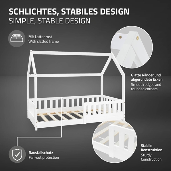 ML-DESIGN Kinderbett Hausbett Spielbett inkl. Lattenrost kreativ Bodenbett für Kinder, Abenteuerbett mit Rausfallschutz Spielbett Kiefer Weiß Himmelbett Bild 4