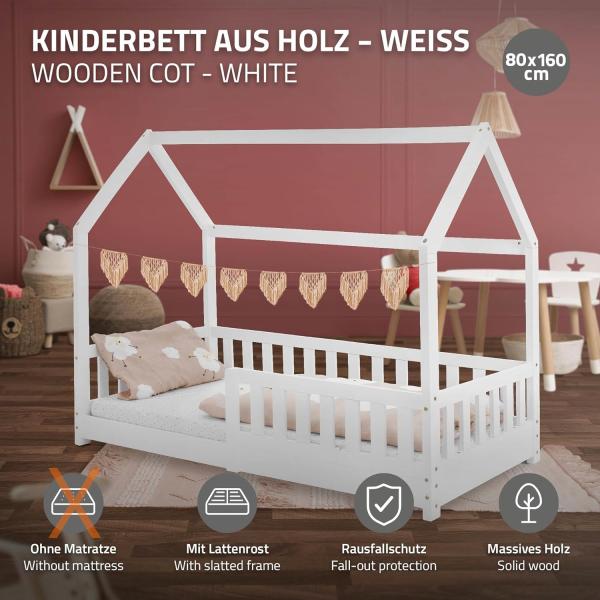 ML-DESIGN Kinderbett Hausbett Spielbett inkl. Lattenrost kreativ Bodenbett für Kinder, Abenteuerbett mit Rausfallschutz Spielbett Kiefer Weiß Himmelbett Bild 3
