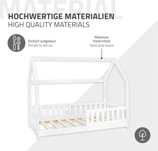 ML-DESIGN Kinderbett Hausbett Spielbett inkl. Lattenrost kreativ Bodenbett für Kinder, Abenteuerbett mit Rausfallschutz Spielbett Kiefer Weiß Himmelbett Bild 6