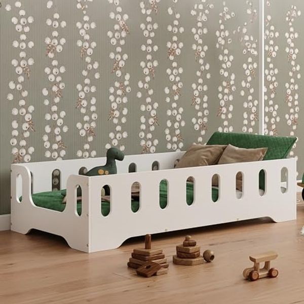smartwood Kinderbett Bodenbett 100x200 mit Rausfallschutz & Lattenrost - Weiß - Kinder Montessori Bett TILA 2B mit glatten Kanten - Betten für schnelle Montage - Bis 230 kg belastbar