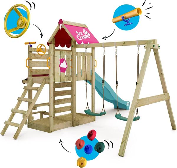 WICKEY Spielturm Klettergerüst VanillaFlyer mit Schaukel & türkiser Rutsche, Kletterturm mit Sandkasten, Leiter & Spiel-Zubehör Bild 2