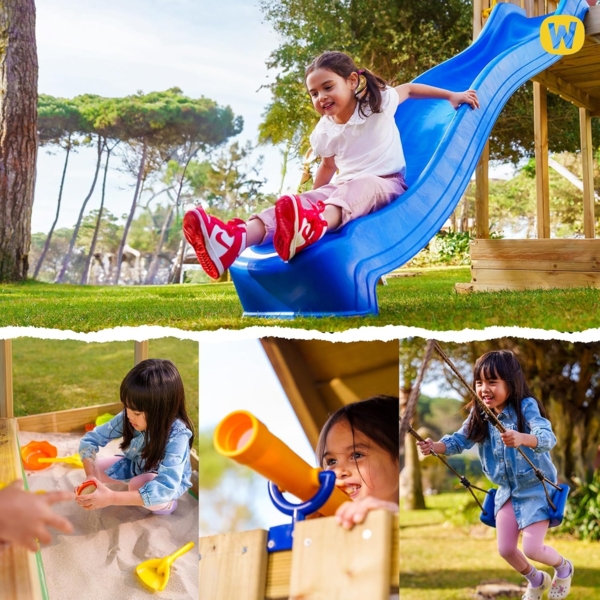 WICKEY Spielturm Klettergerüst VanillaFlyer mit Schaukel & türkiser Rutsche, Kletterturm mit Sandkasten, Leiter & Spiel-Zubehör Bild 7