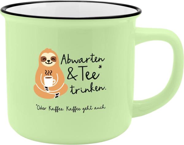 GRUSS & CO Becher Motiv "Abwarten & Tee trinken" | New Bone China Porzellan, Emaille-Optik, 35 cl | Geschenk, Frühstück | 48500