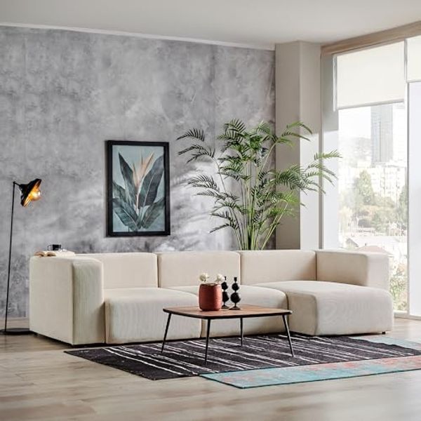 Sofa Suldal 3-Sitzer mit Longchair Cord Beige [en. casa]