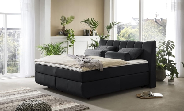 Mivano Free Boxspringbett mit Durchgehender Matratze (H2) und Premium Topper, Velours Cosy Anthrazit, Liegefläche 140x200 cm Bild 2