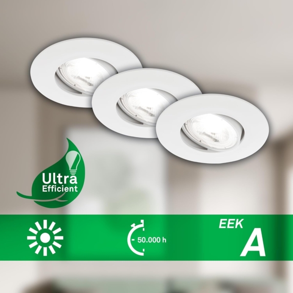BRILONER - 3er Set EEK A LED Einbaustrahler 230V schwenkbar, je 2W bei 360lm und 50.000h Licht, neutralweißes Licht, LED Spot, flach, Deckenspots, Einbauleuchten, 68mm Lochmass, 90x24 mm (DxH), Weiß Bild 2