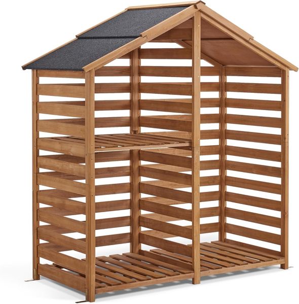 M MCombo Holzregal Außen, Kaminzubehör Kaminholzregal mit 2 Ebenen, Brennholzregal mit Wasserdichter Abdeckung 1213