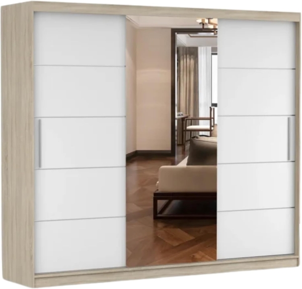 Schwebetürenschrank Alba 250 cm, Schiebetürenschrank mit Spiegel, Kleiderschrank mit Kleiderstange und Einlegeboden, Schlafzimmerschrank, Schiebetüren, Modern Design (Sonoma/Weiß)