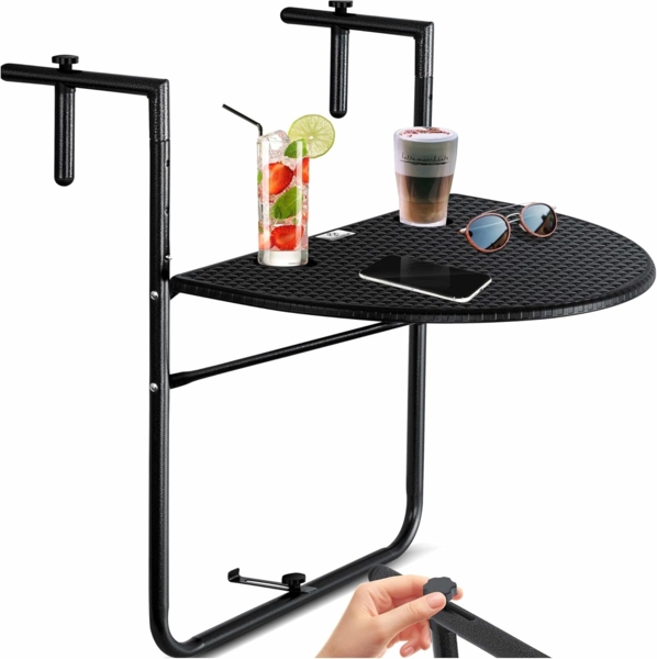 KESSER® Balkonhängetisch klappbar Balkontisch zum Einhängen Balkon Hängetisch 3-fach höhenverstellbarer Klapptisch Balkongeländer wetterfest mit 2x Getränkeplätze Tischplatte BxT: 62 x 60 cm Schwarz