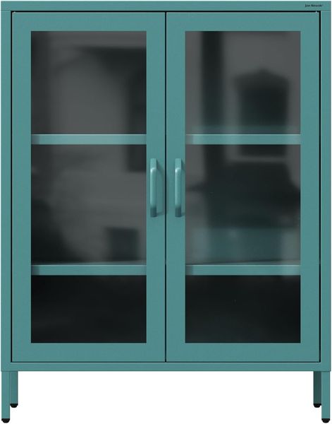 Jan Nowak 2-türiger Vitrinenschrank - GINA | 2 verstellbare Ablagen, Gehärtetes Glas, Wandmontage | Glasvitrine Stehend, Vitrine Glas, Wohmzimmerschrank Glitzernd | 80 x 101,5 x 40 cm | Marine