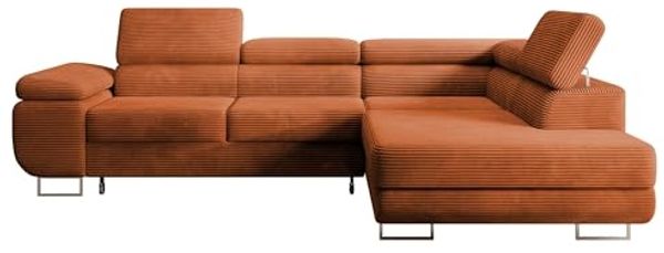 Selsey STEVIL - Ecksofa L-Sofa mit Schlaffunktion, Bettkasten, Ottomane rechts, Cordbezug Kupferbraun