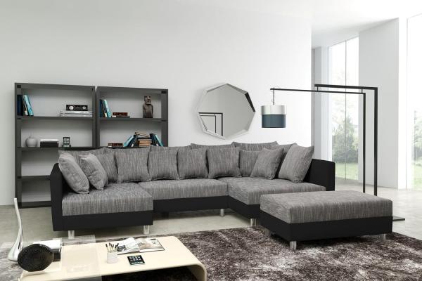 Küchen-Preisbombe Sofa Wohnlandschaft Couch Ecksofa Eckcouch schwarz / hellgrau Minsk XXL, Sofa in U-Form mit Hocker