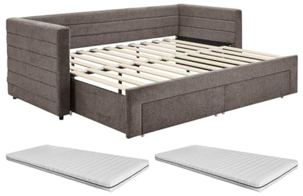 Vente-unique - Ausziehbett 2 x 80 x 200 cm – Mit Lattenrost & Schubladen – Texturierter Stoff – Taupe + Matratze – CAMITY