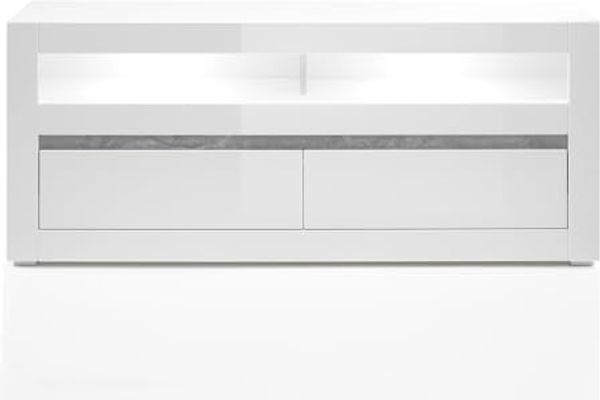 Lomadox Lowboard COGO-61, weiß Hochglanz inkl. LED und Griffmulden in Betonoptik 150x63x42cm