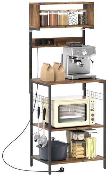 HOMCOM Küchenregal Bäckerregal, X-Streben, Standregal 1-tlg, Mit Steckdosen und 5 Haken, Rustikal-Braun