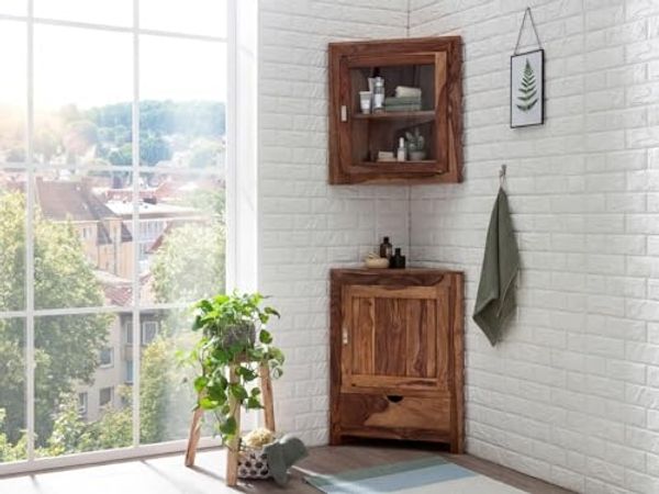 Eckbadset 2tlg. Akazie massiv braun 60x80x32 cm Laros Eckschrank-Set Badmöbelset Eckunterschrank + Eckhängeschrank massivum