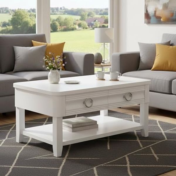Dmora Couchtisch Bordano 90 x 60 x 47h cm Weiß mit 2 Schubladen