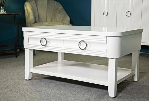 Dmora Couchtisch Bordano 90 x 60 x 47h cm Weiß mit 2 Schubladen