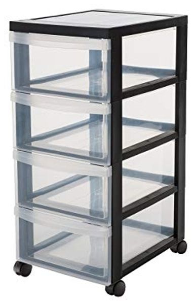 Kreher Rollcontainer Rollwagen mit 4 großen Schubladenelementen (Schwarz/Transparent)