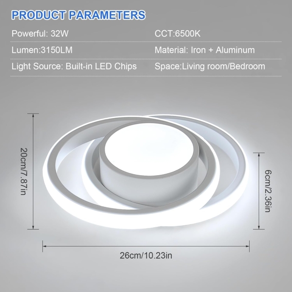 Comely LED Deckenlampe Weiß Rund, Moderne Deckenleuchte 32W mit Kaltweißem Licht 6500K, Deckenlampe für Wohnzimmer, Schlafzimmer und Küche, Hergestellt aus Aluminium und Eisen, Einfache Montage Bild 4