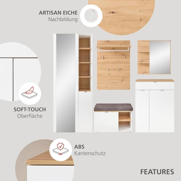 BARI Schuhschrank in Weiß, Artisan Eiche Optik FSC-zertifiziert - Moderner Garderobenschrank mit viel Stauraum für Ihre Schuhe - 78 x 202 x 38 cm (B/H/T) Bild 4