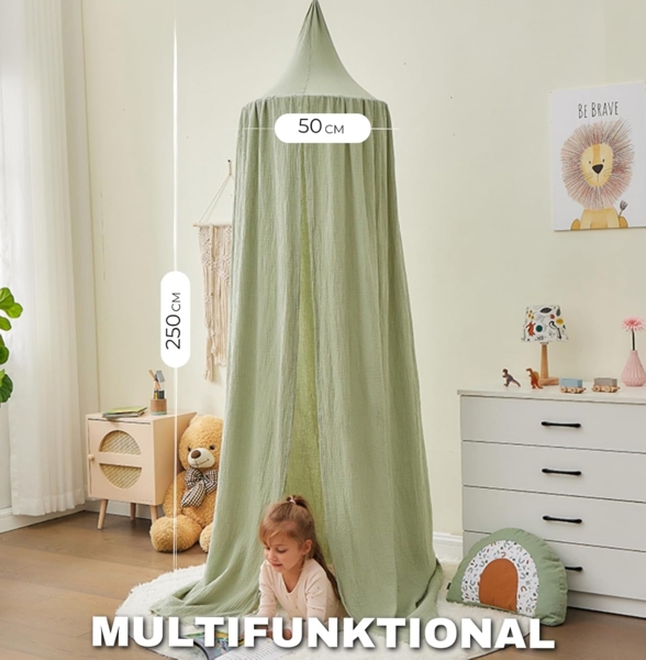 Alavya Home® Betthimmel Baldachin Kinderzimmer Bio-Baumwolle Musselin für Schlafzimmer (GOTS-Zertifiziert I Passt um Babybett, Kinderbett, Hausbett), Saumlänge ca. 250cm Moskitonetz Insektenschutz Kinder Spielzelte Bild 3