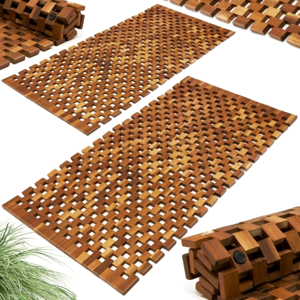 Casaria Badematte, Höhe 1 mm, Rutschhemmend, Akazienholz, Badvorleger, 2x Badvorleger 80x50 cm FSC-zertifiziertes Akazienholz Gummistopper