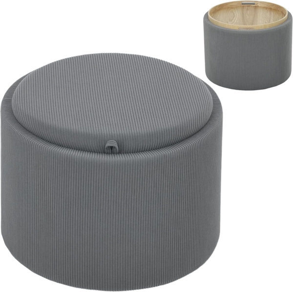 HOMCOM Sitzhocker Runder Hocker mit Stauraum (Polsterhocker in Cordoptik für Wohnzimmer, 1 St, Grau), Ø56 x 42 cm