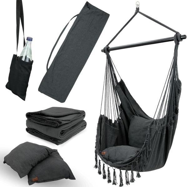 deluxe4home Hängesessel Hängeschaukel, Deckenschaukel Indoor & Outdoor I, inkl. Kissen, Kuscheldecke & Getränkehalter