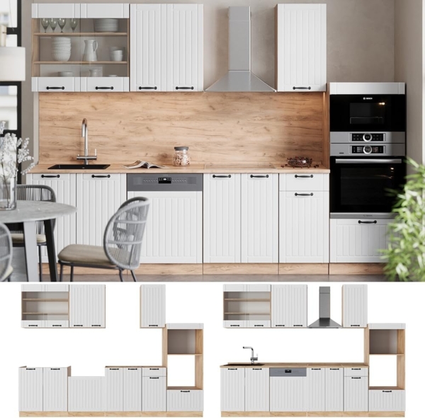 Küchenzeile Fame-Line Weiß Landhaus 300 cm mit Hochschrank, AP Eiche Vicco Bild 8