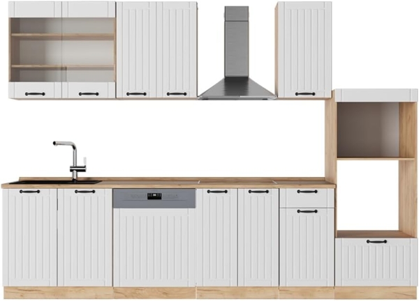 Küchenzeile Fame-Line Weiß Landhaus 300 cm mit Hochschrank, AP Eiche Vicco Bild 1