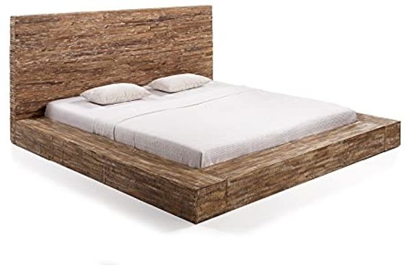 Rustikales Akazien-, Mango- & Pinienholz Holzbett Stripe 230x110x235cm für naturverbundenes Schlafzimmer