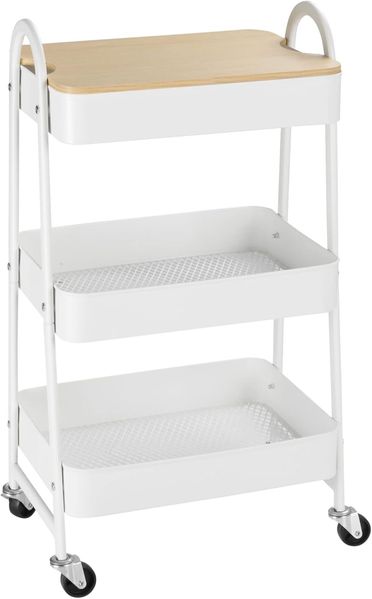 HOMCOM Servierwagen mit 3 Ebenen Küchenwagen mit Rollen Griff Küchenregal mit Korb und Deckel Rollwagen Allzweckwagen für Küche Büro Badezimmer, Weiß