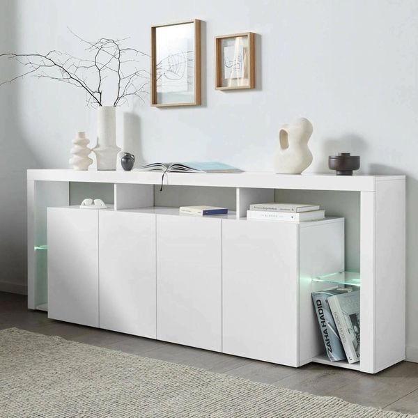 Dmora - Kommode Wilmer, 4-türiges Wohnzimmer-Buffet, Wohnzimmer-Kommode, modernes Kommode, 100% Made in Italy, 220 x 40 x 80 cm, glänzendes Weiß