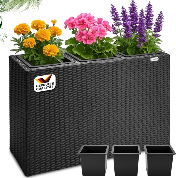 Casaria Pflanzkübel, 3 Innentöpfe Herausnehmbar Polyrattan 83x30,5x60cm Blumentopf Schwarz