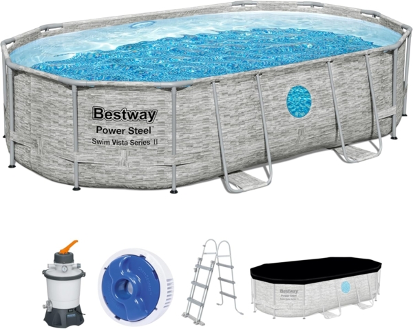 Bestway Power Steel Swim Vista Series Frame Pool Komplett-Set mit Sandfilteranlage 488 x 305 x 107 cm , Steinwand-Optik (Cremegrau), oval, beige