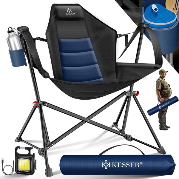 KESSER® Campingstuhl faltbar bis 160 kg | Angelstuhl Faltstuhl Klappstuhl Gepolstert mit Armlehnen | Campinglicht und Getränkehalter + Tasche mit hoher Rückenlehne | Strandstuhl mit Wippfunktion Navyblau / Schwarz