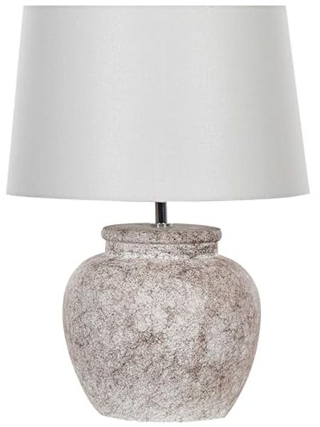 'Mareb' Tischlampe Beige 47 cm Keramiksockel Stein Optik Kabel mit Schalter Lampenschirm in Weiß Schlafzimmer Wohnzimmer Modern