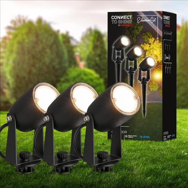 BRILONER - Connect to Shine 12V Gartensystem 3er Set LED Strahler mit Erdspieß, Erweiterungsset, IP65, warmweißes Licht, Gartenbeleuchtung, LED Gartenstrahler, 25x4 cm, Schwarz